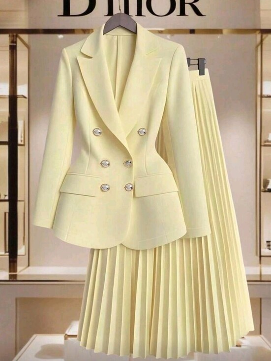 Jackets & Blazers - Women's Gold Button Decor Blazer + Pleated Skirt Elegant Everyday Commute